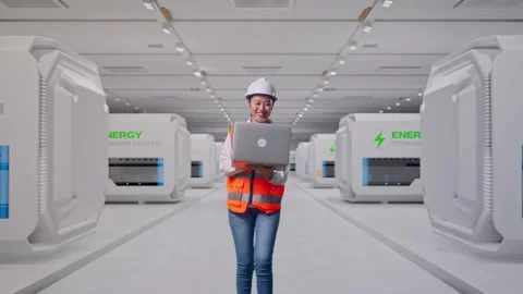 Asian Female Use Computer While Walking at Power Plant Stock Footage 333768433