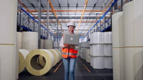 Asian Female Use Computer While Walking at Polymer Plant Stock Footage 334519769