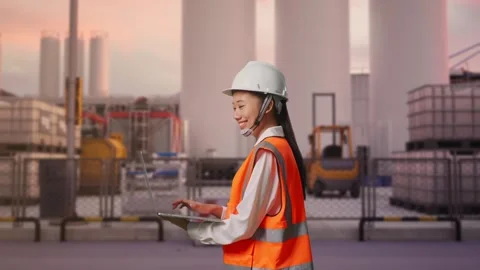 Asian Female Use Computer While Walking at Storage Facility Stock Footage 335074373
