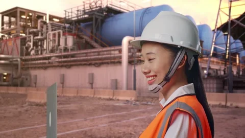Asian Female Use Computer While Walking at Gas Plant Stock Footage 337758334