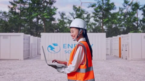 Asian Female Use Computer While Walking with Energy Storage Stock Footage 337810132