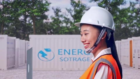 Asian Female Use Computer While Walking with Energy Storage Stock Footage 337810205
