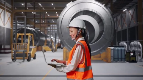 Asian Female Use Computer While Walking at Heavy Factory Stock Footage 340811885