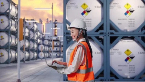 Asian Female Use Computer While Walking with Chemical Tanks Stock Footage 340828790