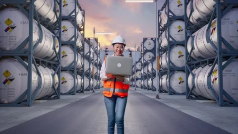 Asian Female Use Computer While Walking with Chemical Tanks Stock Footage 340829320