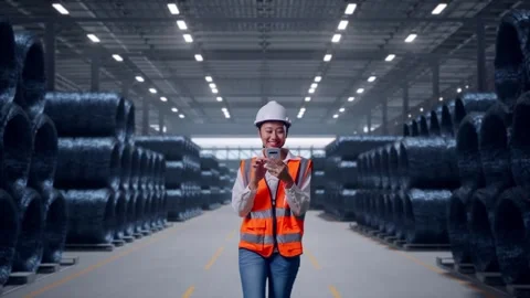 Asian Female Use Smartphone While Walking with Rebar Coils Stock Footage 323691703
