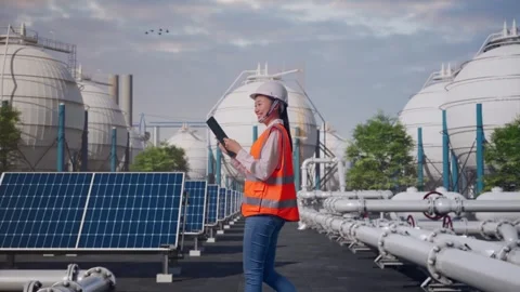 Asian Female Use Tablet While Walking at Energy Complex Stock Footage 330175774