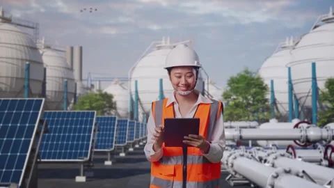 Asian Female Use Tablet While Walking at Energy Complex Stock Footage 330176046