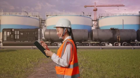 Asian Female Use Tablet While Walking at Oil Refinery Stock Footage 340137625