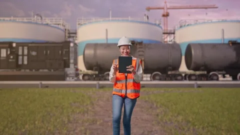 Asian Female Use Tablet While Walking at Oil Refinery Stock Footage 340137875