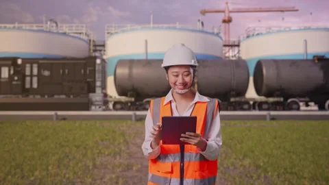 Asian Female Use Tablet While Walking at Oil Refinery Stock Footage 340137957