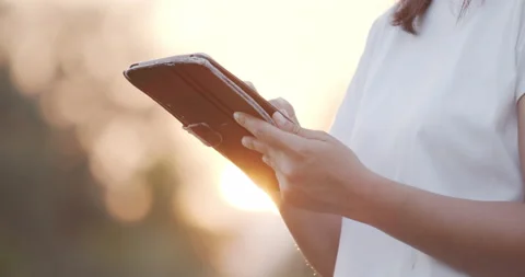 Asian female using digital tablet in agricultural field, morning light Stock Footage 203691695