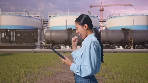 Asian Female Worker Celebrating With A Tablet at Oil Refinery Stock Footage 340139481