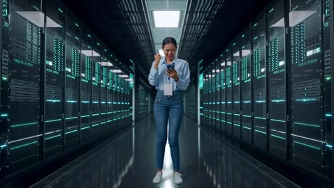Asian Female Worker Celebrating When Use Phone In Data Center Stock Footage 321990406