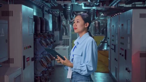 Asian Female Worker Use Tablet And Look Around In Engine Control Room Stock Footage 292374925