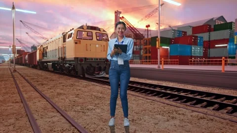 Asian Female Worker Use A Tablet And Smiling To Camera With Freight Cargo Train Video stock 297871575