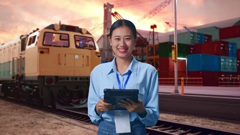 Asian Female Worker Use Tablet And Smiling To Camera With Freight Cargo Train Video stock 297872016