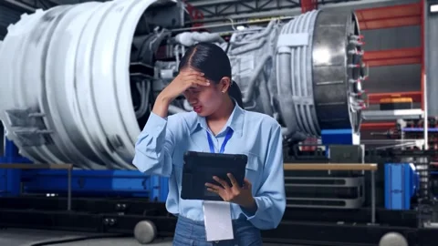 Asian Female Worker Use Tablet And Headache With Jet Engine Stock Footage 307188846