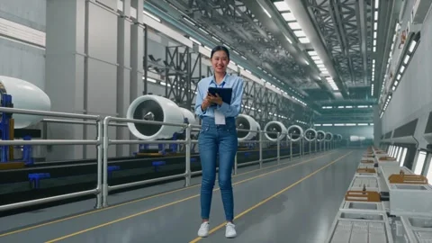 Asian Female Worker Use A Tablet And Smiling To Camera, Aircraft Engine Factory Stock Footage 314609943