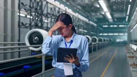 Asian Female Worker Use Tablet And Headache, Aircraft Engine Factory Video stock 314610077