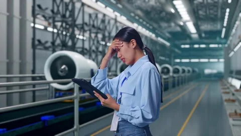 Asian Female Worker Use Tablet And Headache, Aircraft Engine Factory Video stock 314610132