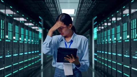 Asian Female Worker Use Tablet And Headache In Data Center Stock Footage 321990491