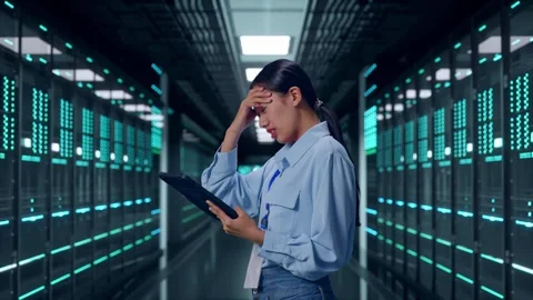 Asian Female Worker Use Tablet And Headache In Data Center Stock Footage 321990521