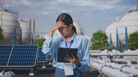 Asian Female Worker Use Tablet And Headache at Energy Complex Stock Footage 330176801