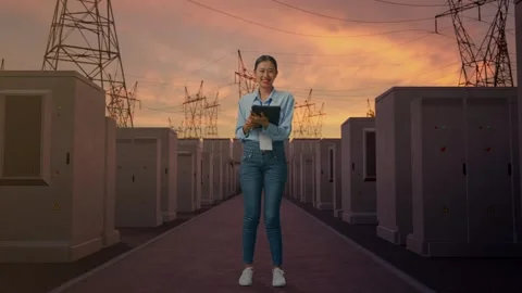 Asian Female Worker Use A Tablet And Smiling To Camera with Electrical Energy Stock Footage 331573144