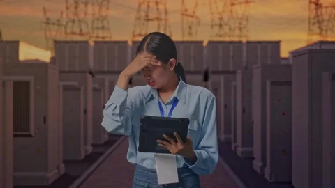 Asian Female Worker Use Tablet And Headache with Electrical Energy Stock Footage 331573336