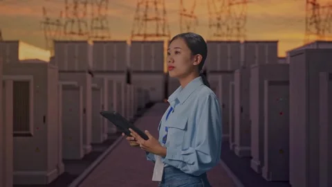 Asian Female Worker Use Tablet And Look Around with Electrical Energy Stock Footage 331573374