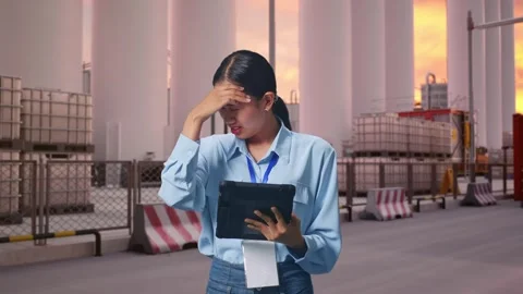 Asian Female Worker Use Tablet And Headache at Storage Facility Stock Footage 337755932