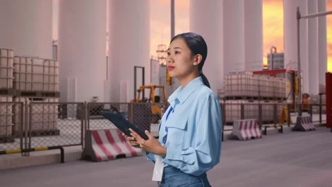 Asian Female Worker Use Tablet And Look Around at Storage Facility Stock Footage 337756012