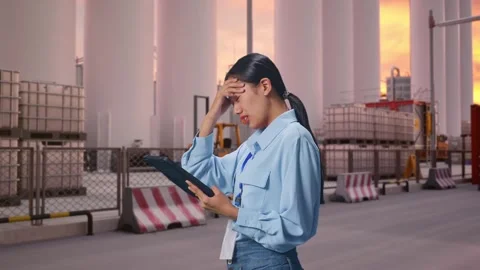 Asian Female Worker Use Tablet And Headache at Storage Facility Stock Footage 337756024