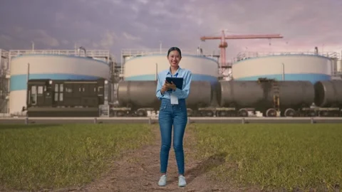 Asian Female Worker Use A Tablet And Smiling To Camera at Oil Refinery Stock Footage 340139178