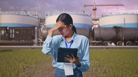 Asian Female Worker Use Tablet And Headache at Oil Refinery Stock Footage 340139385