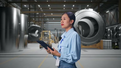 Asian Female Worker Use Tablet And Look Around at Heavy Factory Stock Footage 340815170