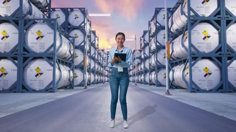 Asian Female Worker Use A Tablet And Smiling To Camera with Chemical Tanks Stock Footage 340831473