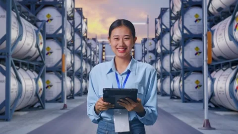 Asian Female Worker Use Tablet And Smiling To Camera with Chemical Tanks Stock Footage 340831862