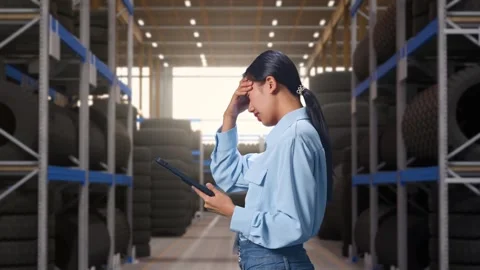 Asian Female Worker Using Tablet With Headache at Tire Warehouse Stock Footage 341786082