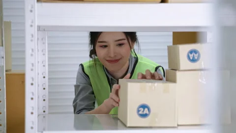 Asian female worker in warehouse sorting boxes into warehouse shelves Stock Footage 160185609