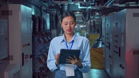 Asian Female Worker Working With A Tablet And Look Around In Engine Control Room Stock Footage 292374649