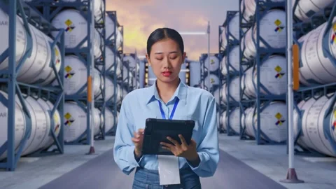 Asian Female Worker Working With A Tablet And Look Around with Chemical Tanks Stock Footage 340831834