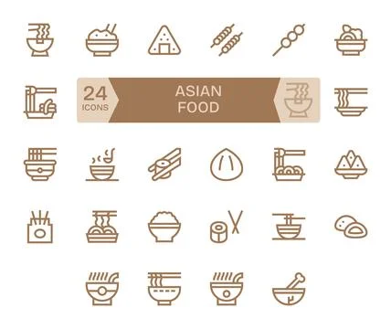 Asian Food Complete Vector Package with 24 Retina Ready Bold Line Detail En.. Stock Illustration