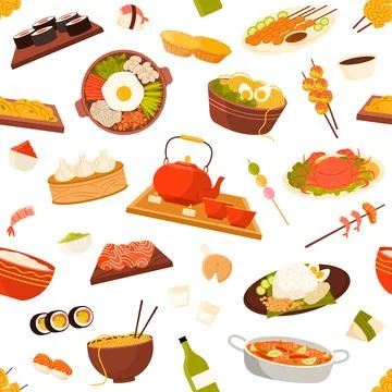 Asian Food Seamless Pattern Vector Design Stock Illustration