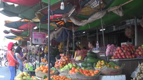 Asian Fruit Market Pan Down From Ceiling [ProRes] Stock Footage 46443736
