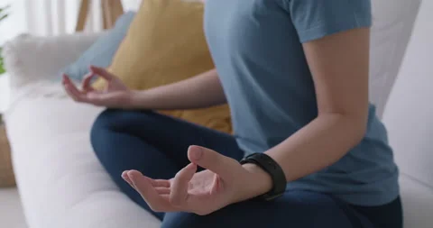 Asian get up early healthy life balance benefit of yoga pose on sofa. 스톡 동영상 161447341
