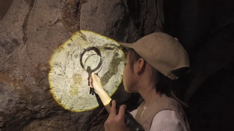 Asian girl explorer using a flashlight and a magnifying glass to examine a rock Stock Footage 335796250