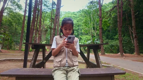 Asian girl in a pine forest using a smartphone for digital learning 库存影片 333681193