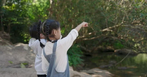 Asian girl pointing while using binoculars in forest by the river, engaging.. Stock Footage 297192713